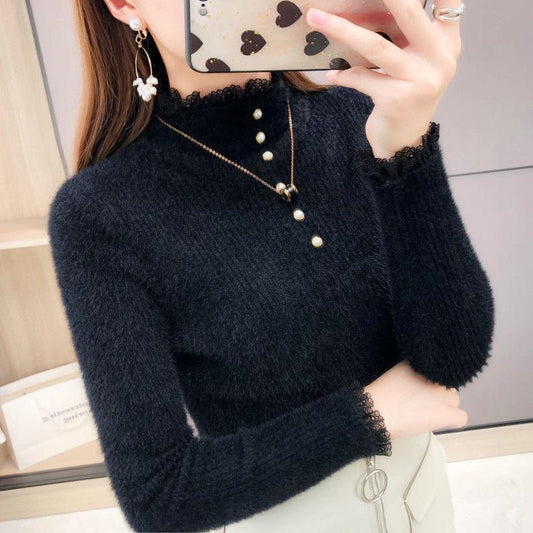 Color-fast Imitation Mink Velvet Inner Sweater Women Autumn and Winter Slim Bottoming Shirt Lace Beaded Sweater