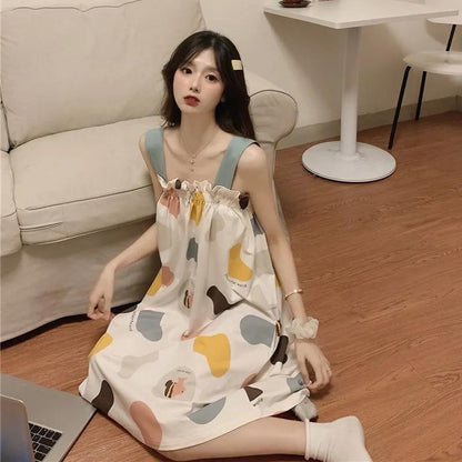 Cute Girls Women's Summer Dress Printing Knee-length Daily Wear Nightdress Pajamas
