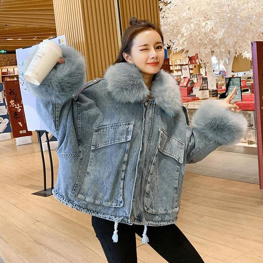 Detachable Plus Velvet Thick Denim Jacket Women Loose and Wild Korean Style To Overcome Tide Ins