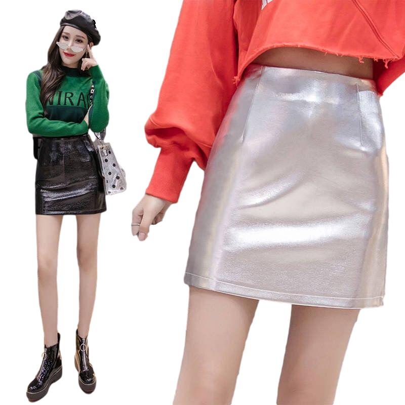 S-XXL Leather Skirt Women's Sexy PU Leather Glossy Zipper Split Mini Skirt Mid Waist A-line Skirts