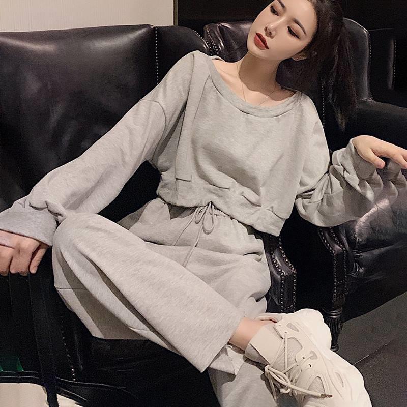 Short Sweater + Thin Wide-leg Pants Two-piece Suit Women's Casual Sports Suit Long-sleeved Short Top Loose Wide-leg Pants