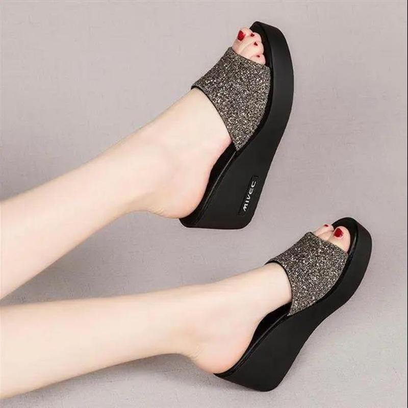 Outer Wear Thick-soled Ladies Wedge Sandals High-heeled Flip-flops Platform Shoes Black Sequined Fish Mouth High-heeled Sandals