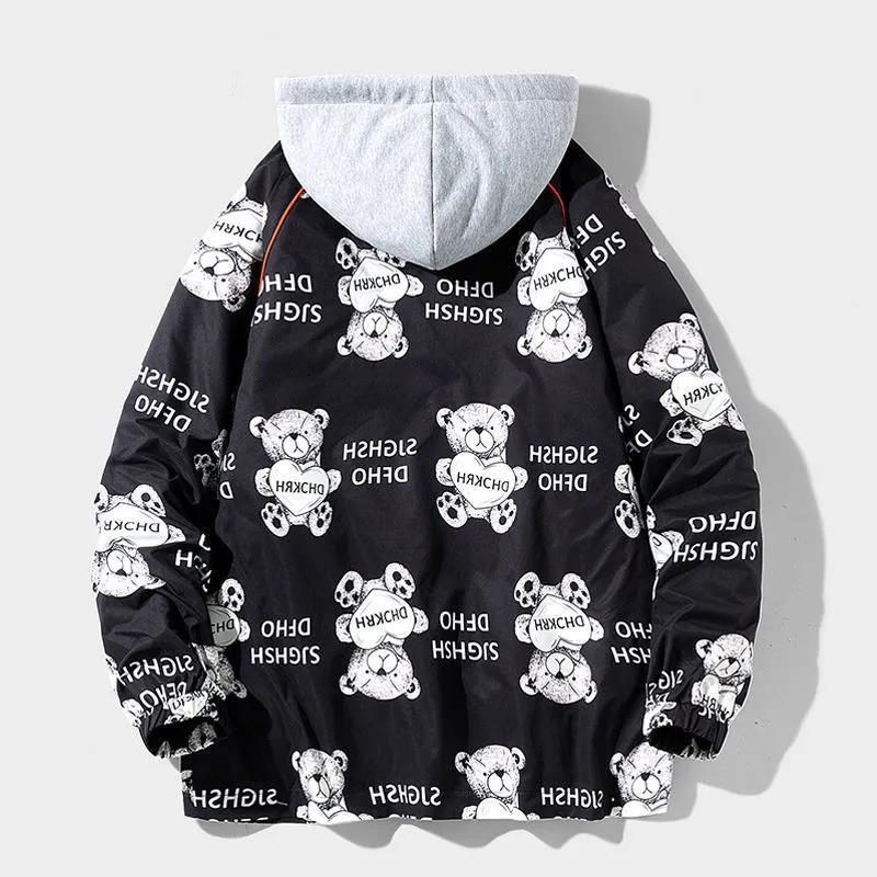 Heart Bear Print Jacket Spring Hooded Windbreaker Men Casual Loose Coat Soft Comfortable Top Regular