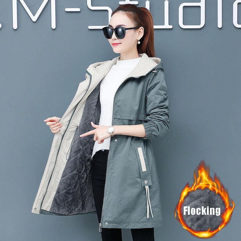Autumn and Winter Plus Velvet Mid-length Overcoat Women's Slim  All-match Hooded Parka Jacket Female Flocking Trench Coat
