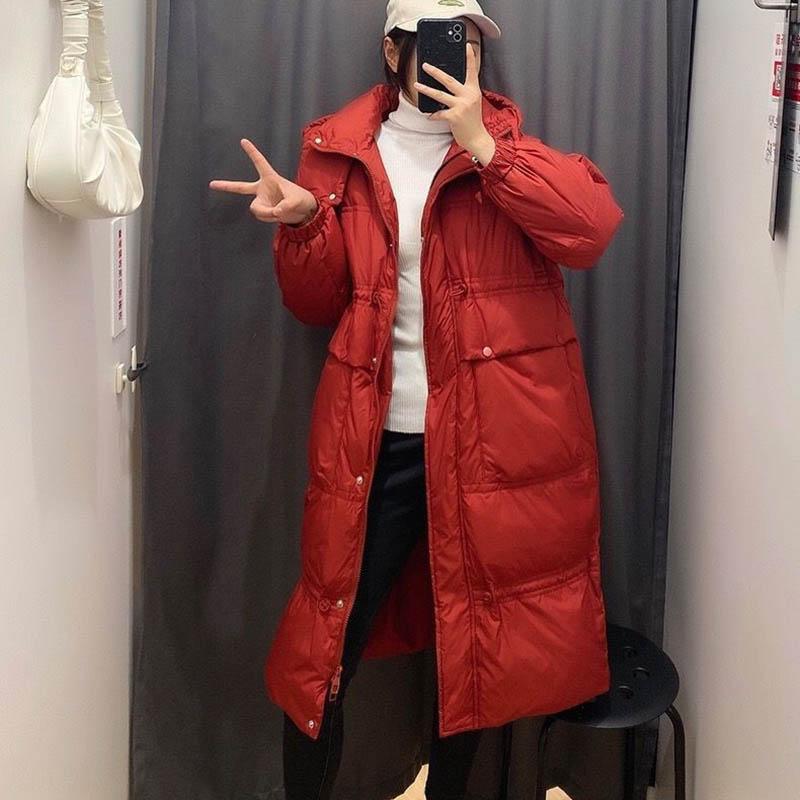 Women's Down Jacket Over-the-knee White Duck Down Mid-length Padded Waist Hooded Jacket