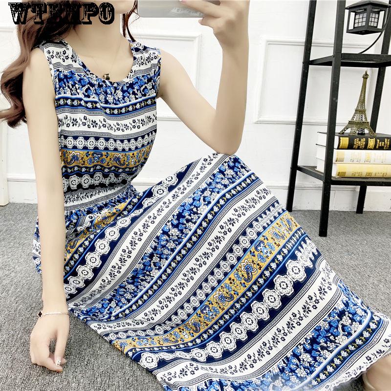WTEMPO Fashion Summer National Style Floral Dress Seaside Holiday Dress Large Size Print Long Skirt
