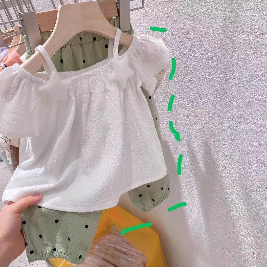 Summer Kids Cute Printing T Shirts Girls Off Shoulder Sling Loose Short Sleeve Star T-Shirt Baby Shirt Solid Color Top