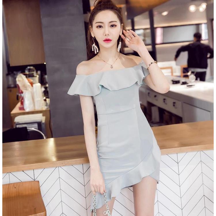 Strapless Women Short Dress 2020 Solid Summer Slash Neck Vestido Korean Ruffles Package Hip Dress