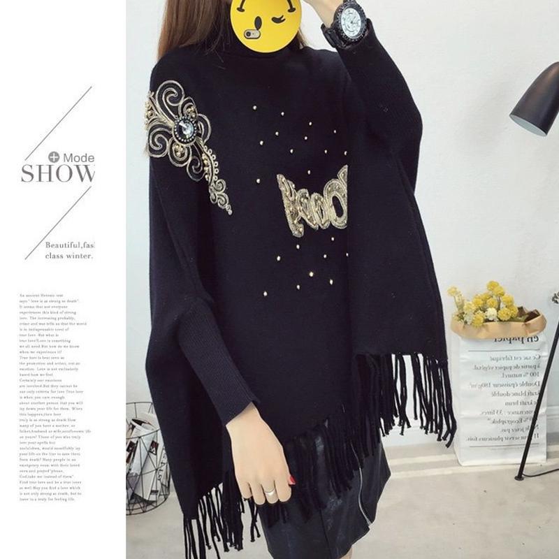 Autumn/winter High-neck Casual Sweater Women Loose Bat Sleeve Jacket Knit Sweater Cloak Shawl Tassel Plus Size Autumn Clothes