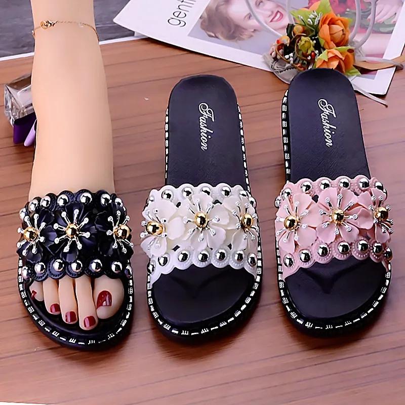 Women's Plus Size Versatile Flat Slippers Ladies Summer Solid Color Flower Soft Slippers