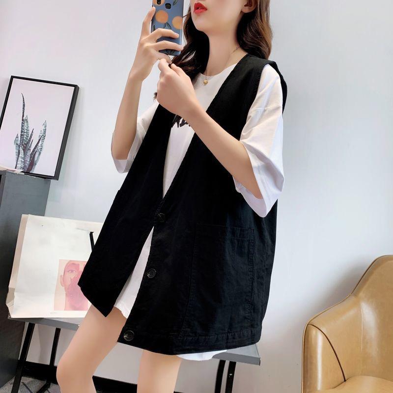 Big Pocket Solid Color Women's Vest Sleeveless Spring and Summer Loose Casual Waistcoat