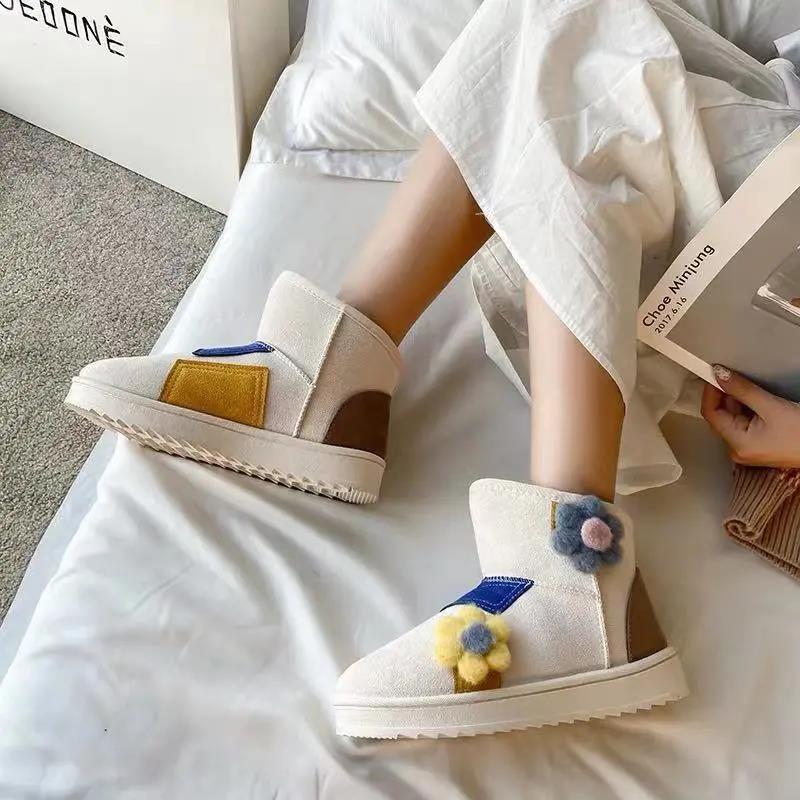Color-blocking Snow Boots Women's Autumn and Winter Plus Velvet Cotton Shoes Thick-soled Waterproof Non-slip Short Boots