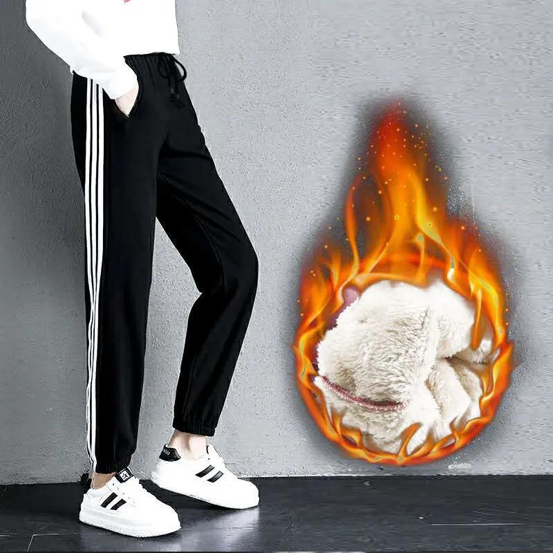 Winter Style Plus Velvet Thickening Female Winter Student Trousers, Nine-point Loose-fitting Casual Pants, All-match Fashion To Keep Warm