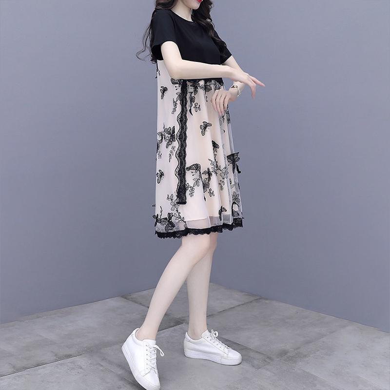 Women Size M-XXXL Summer Printing Knee-length Dress Short  Sleeve Chiffon Lace Mesh A-line Skirt