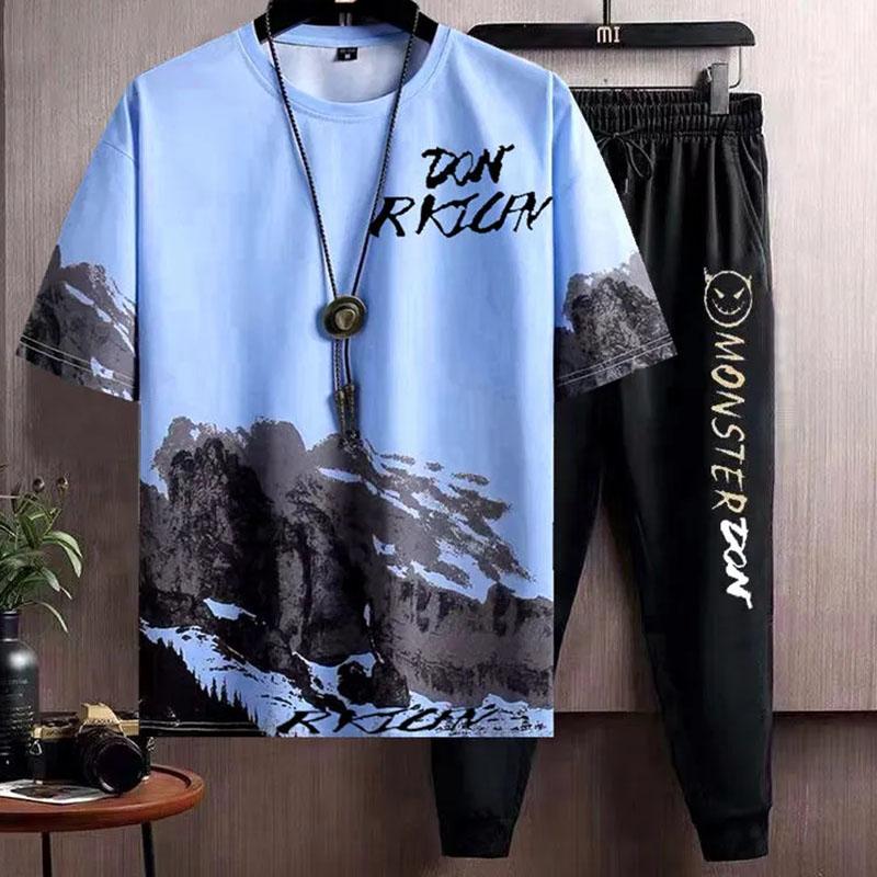 Summer T-shirt Men's New Trendy Ice Silk Trousers Suit Korean Version Large Size Casual Men's Ins Trend Wild and Handsome