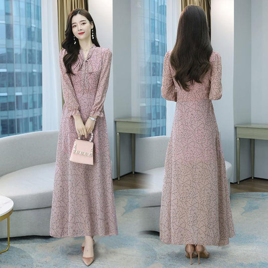 Chiffon Bowknot Dress Printed Base Dress Long Sleeve Floral Big Swing Long Skirt Large Size Women's Clothing Waist Waist Thin Thin Fabric