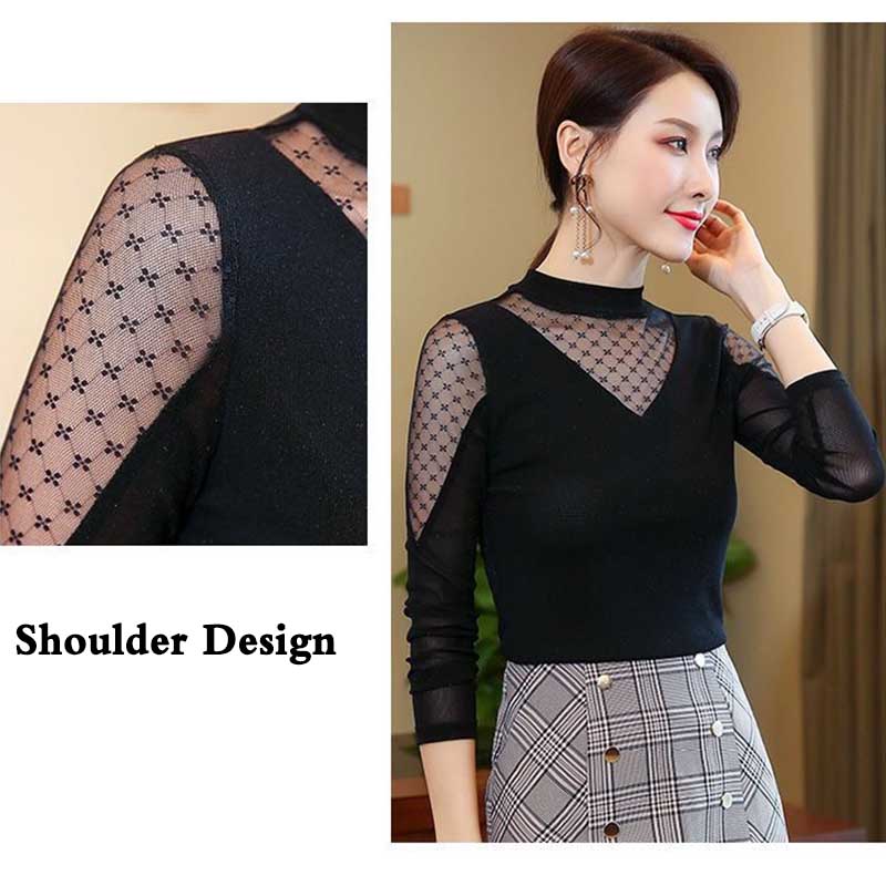 Shirt Women's Thin Spring and Summer Mesh Bottoming Shirt Long-sleeved Sexy Black Inner T-shirt
