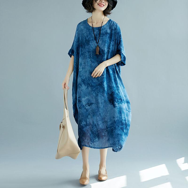 WTEMPO  Short Batwing Sleeve Cotton and Linen Round Neck Long Dress Casual Mid-calf Length Plus Size Ladies Dress Summer