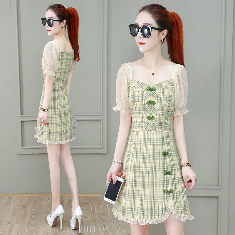 Summer Plaid Dress Square Neck Puff Sleeve A-Line Skirt