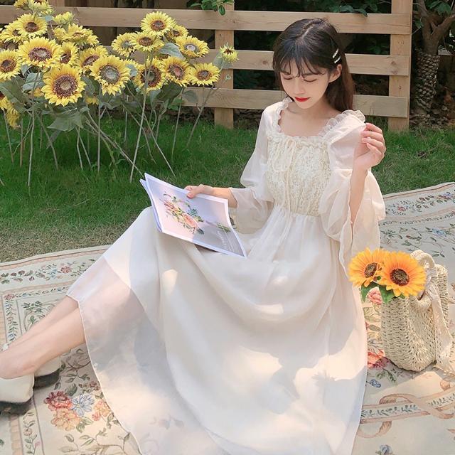 Female Vintage Super Fairy Sweet Chiffon Dress Slim Elegant Lace Quarter Sleeve Holiday Dress