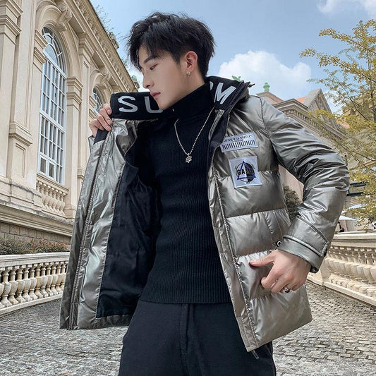 Winter Trend Hooded Cotton-padded Jacket Men's Cotton-padded Jacket Youth Shiny Surface Jacket Korean Style Slim Thick Warm Short Coat
