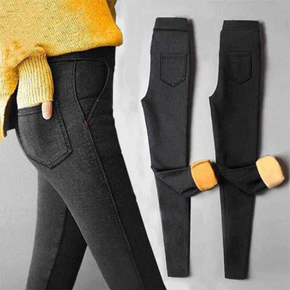 Fleece Thickened Imitation Jeans Women's Winter Bottoming Outer Wear Warm Pencil Feet Pants Solid Color High-waist Leggings