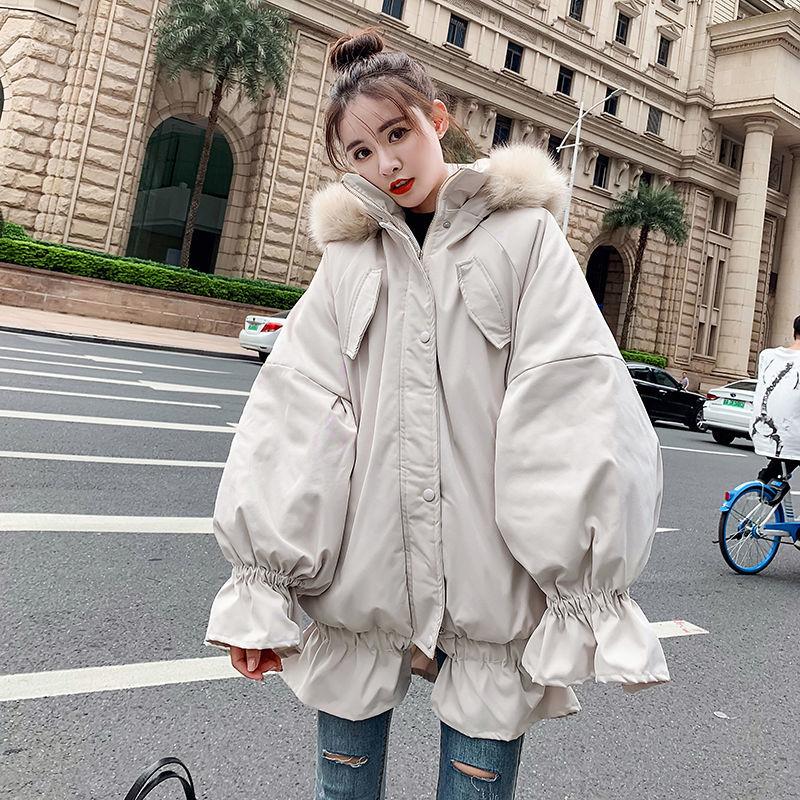Winter Ruffled Thickened Women's Cotton-padded Jacket Mid-length Fur Collar Hooded Cute Rabbit Ears Cotton-padded Jacket Fashion Warmth Parka Coat