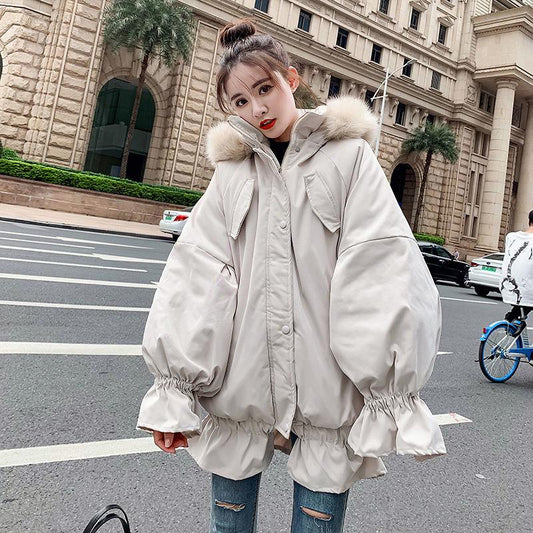 Winter Ruffled Thickened Women's Cotton-padded Jacket Mid-length Fur Collar Hooded Cute Rabbit Ears Cotton-padded Jacket Fashion Warmth Parka Coat