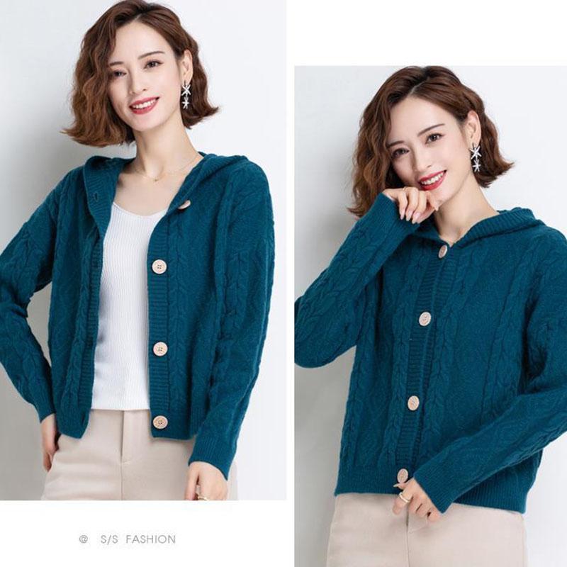 Autumn and Winter Knitted Hoodie Cardigan Short Loose Top Simple Solid Color Female Jacket