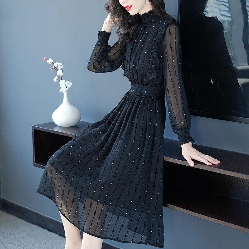 Spring Vintage Leaves Print Bohemian Dress Women Boho Chiffon Long Sleeve A Line Dress Stand-up Collar Summer Beach