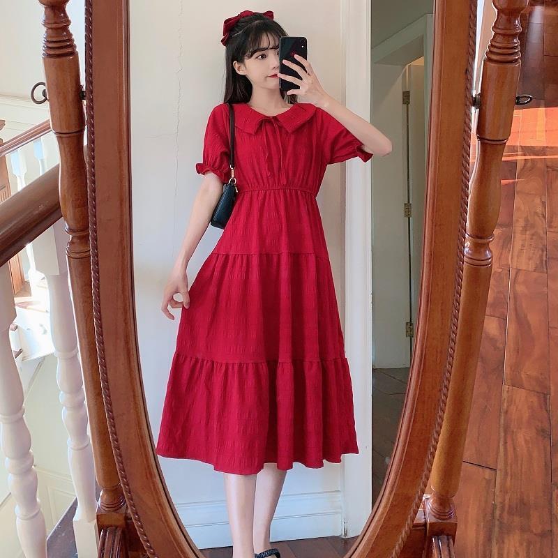Cute Sweet Well-behaved Girl Solid Color Bow Ruffle Mid-length A-shaped Skirt Age Reduction Looser  Short Sleeve Dress