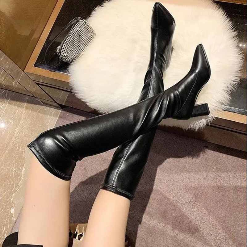 Over-the-knee Boots Women's Pointed Toe Leather Boots Autumn and Winter High-heeled Thick Heel Stretch Stovepipe Boots