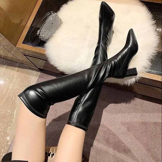 Over-the-knee Boots Women's Pointed Toe Leather Boots Autumn and Winter High-heeled Thick Heel Stretch Stovepipe Boots