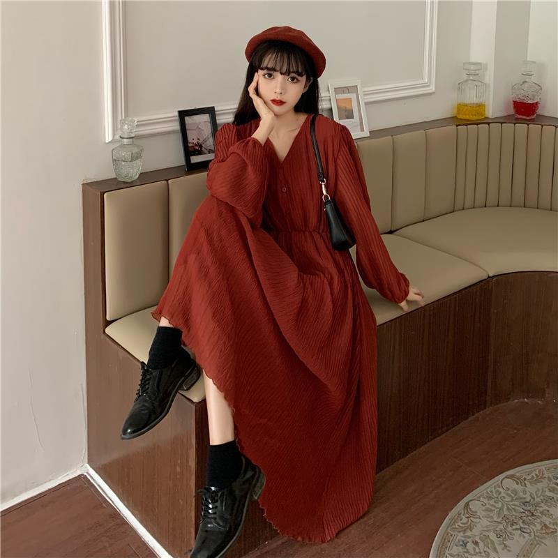 Spring Summer Women's Knee-length Dress French Gentle Wind V-neck Chiffon Solid Color Long-sleeved Dress