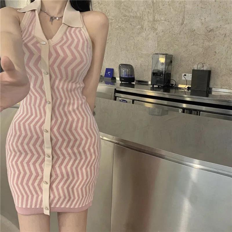 Knit Stripes Sexy Turn-down Collar Sleeveless Women Tight-fitting Hip Dress Bodycon Summer Button Closure