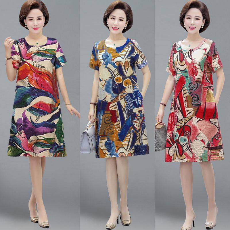 Women Summer L-XXXXXL Plus Size Mid-length Printed Dress Short Sleeve A-line knee-length