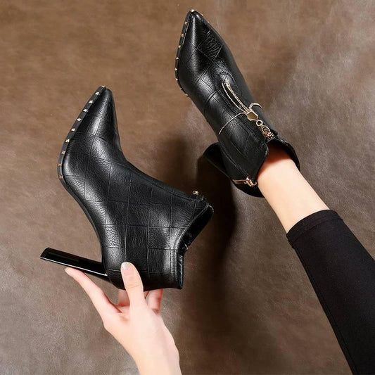 Black Pointed High Heels Martin Boots Sexy Stiletto Zipper Tassel Ankle Boots
