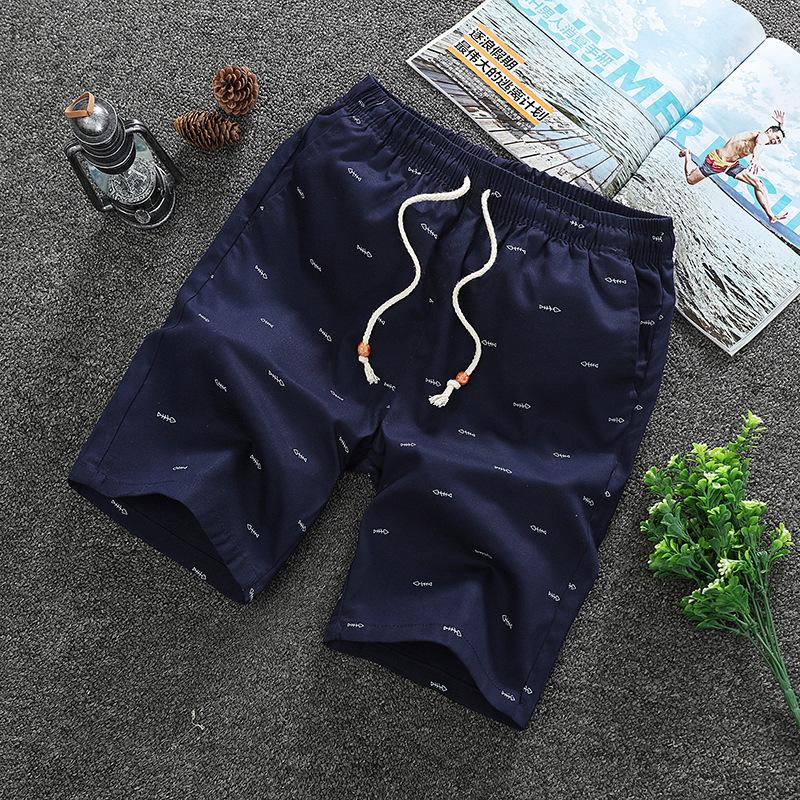 Pure cotton breathable five-point shorts men's summer casual sports shorts outside wearing fish bone print solid color beach pants