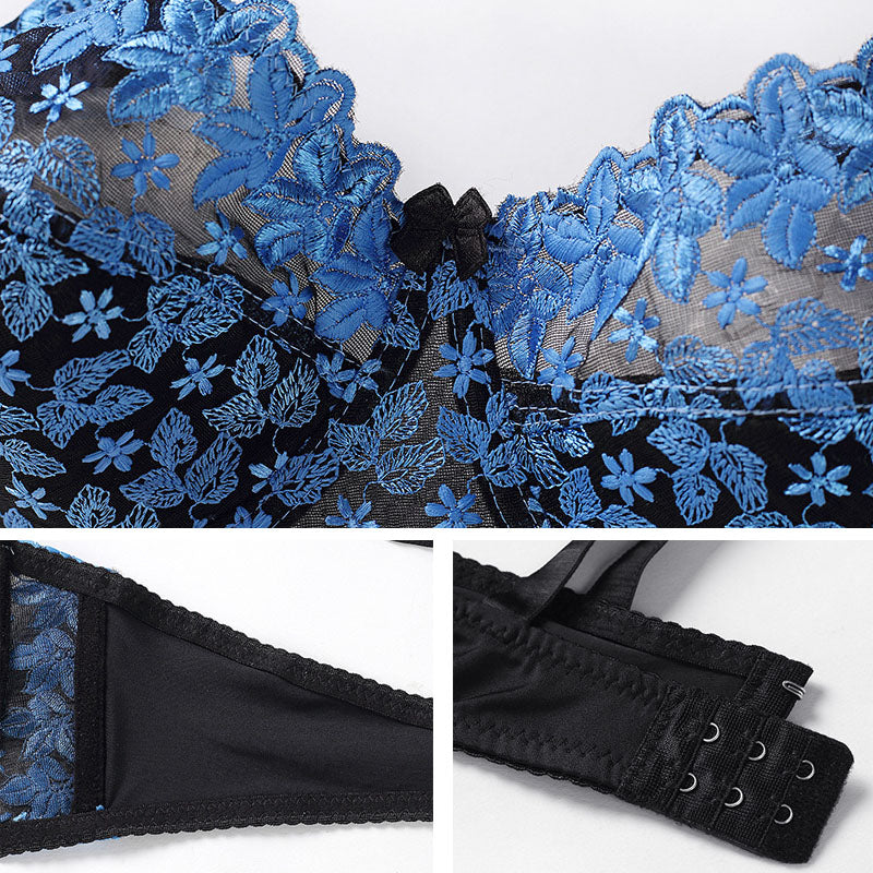 Sexy Push Up Bra Women Sheer Backless Brallete Lace Bra with Underwire Ultra-thin Cup Lace Embroidery Floral C D Cup Bra