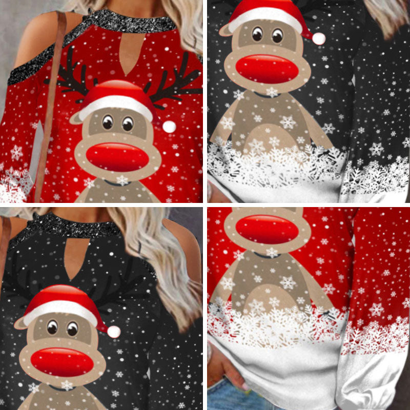 Elk Print T-Shirt Round Neck Off Shoulder Top Christmas Ladies Vintage Long Sleeve Shirt Women Sexy Tops Harajuku Graphic Tee