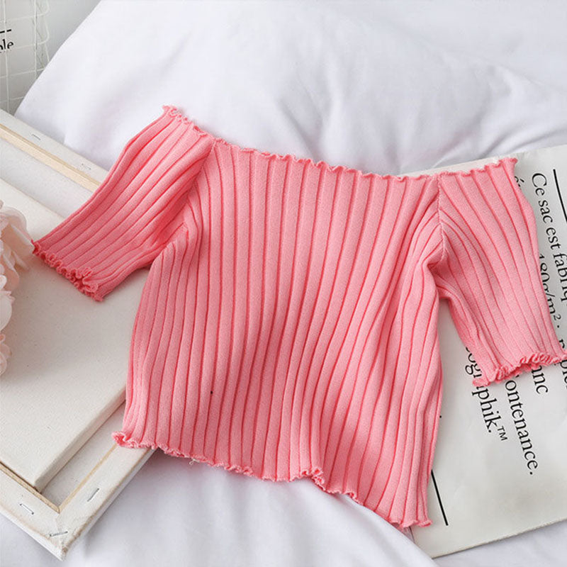 French Short Off Shoulder Knitting Shirt Female Summer Vertical Stripes Short Sleeve Ruffles Hem Crop Tops