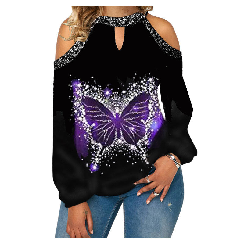 Butterfly Print T Shirt Casual Off Shoulder Cute Cat Loose Pullover Tops Fashion Autumn Clothes Long Sleeve Tops for Women 2022