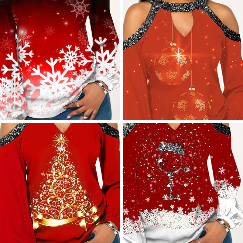 Printed T-shirt Sparkling Stitching Off Shoulder Festival-themed Shirt Women's Long-sleeved Blouse Sexy Halter Streetwear Shirts