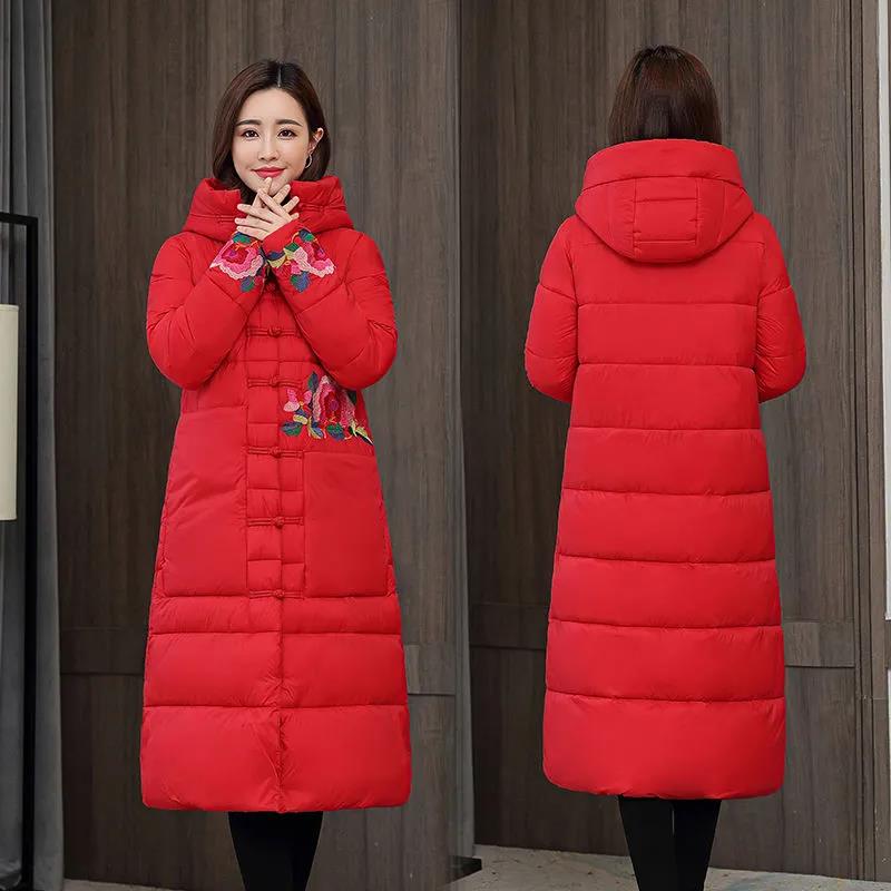 Winter Women's Ethnic Embroidery Down Jacket Mid-length Retro Buckle Hooded Cotton Jacket