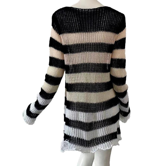 Sweater Women Stripe Ripped Pullover Mid-length Punk Loose Openwork Knitwear Top Trending Aesthetic Purple Sweater Dress Jumper