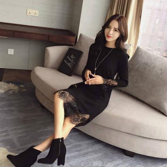 Pofulove 5 Colors Elegant Slim Waist Sweater Dress Sweet O-neck Lace Knitted Long Pullover Skirt