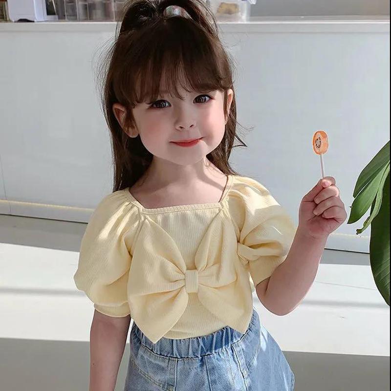 Girls' Summer Bowknot Short-sleeved Tops Korean Children's Cotton T-shirts Middle and Small Children's Western Style Bottoming Shirt