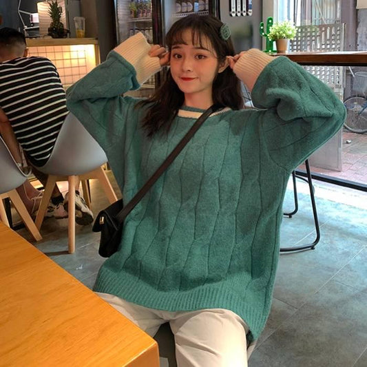Autumn and Winter Loose Sweet Stitching Knitted Long-sleeved Fashion Sweater Women