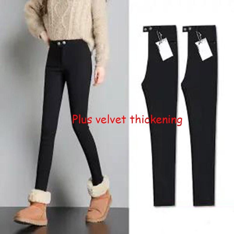 Double Button Winter Trousers Plus Velvet Leggings for Women's Outer Wear In Autumn and Winter High Waist Thin Black Pants Pencil Feet Warm Pants