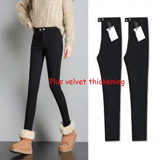 Double Button Winter Trousers Plus Velvet Leggings for Women's Outer Wear In Autumn and Winter High Waist Thin Black Pants Pencil Feet Warm Pants